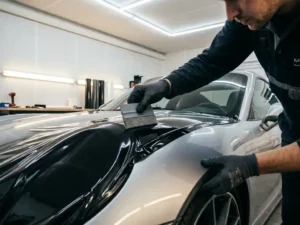 Technicus brengt glanzende zwarte vinylwrap aan op een autopaneel met een professionele rakel in een klimaatgecontroleerde werkplaats.