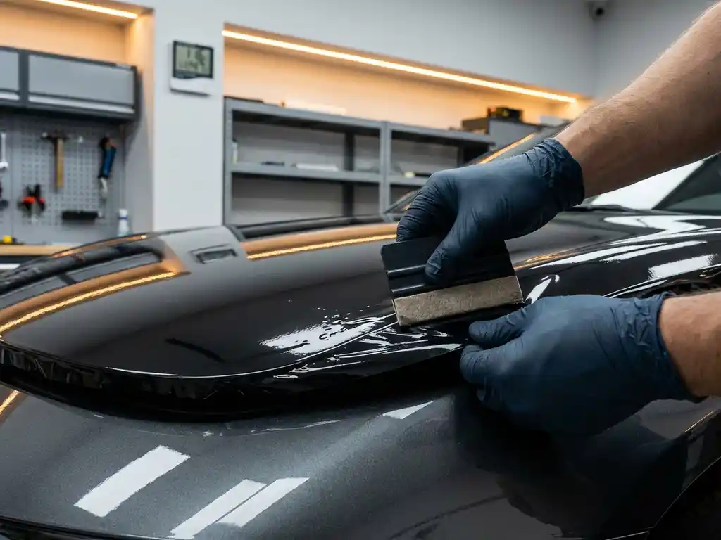 Technicus brengt zwarte vinyl wrap aan op gebogen motorkap met squeegee, luchbellen verwijderend in professionele werkplaats.