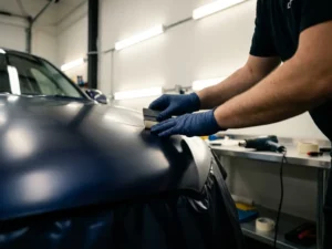 Technicus brengt midnight-blauwe vinylwrap aan op motorhoed met warmtepistoolvoor naadloos resultaat.