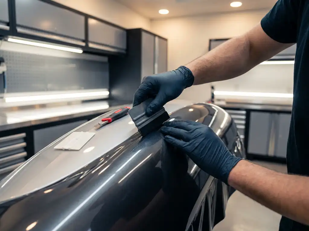 Technicus met handschoenen die vinylwrap strak aanbrengt op glanzend carrosseriepaneel, gereedschap op werkbank op de achtergrond.
