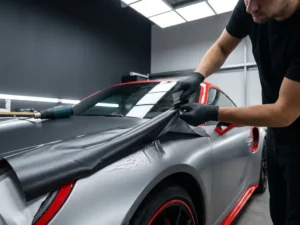 Autofolie installateur die een verkeerd uitgelijnde vinylfolie terugpelt op een sportwagen, met zichtbare luchtbellen en oneven oppervlak.