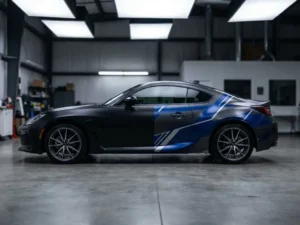 Sportwagen in studio half beplakt met matte zwarte vinylfolie, andere helft met kobaltblauwe reclamedecal, zachte studioverlichting op gepolijste betonvloer.