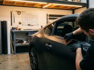 Specialist die matte zwarte vinylwrap aanbrengt op autodeur in professionele carwrap werkplaats met industriële verlichting.