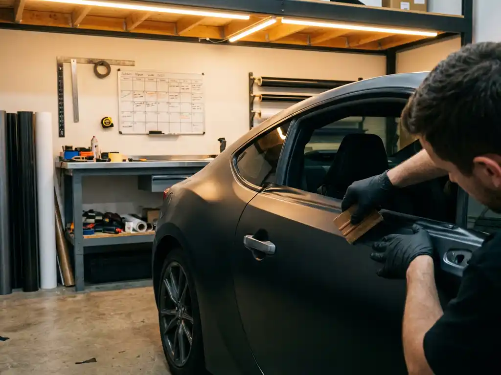 Specialist die matte zwarte vinylwrap aanbrengt op autodeur in professionele carwrap werkplaats met industriële verlichting.