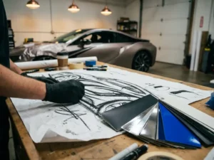 Ontwerper schetst autofolieontwerpen op groot papier, met kleurstalen in mat zwart, chroom zilver en kobaltblauw vinyl op een studiotafel.