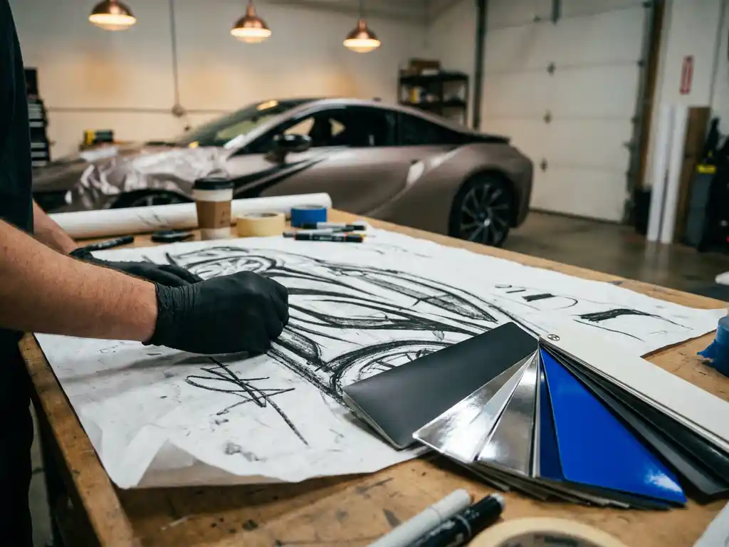 Ontwerper schetst autofolieontwerpen op groot papier, met kleurstalen in mat zwart, chroom zilver en kobaltblauw vinyl op een studiotafel.