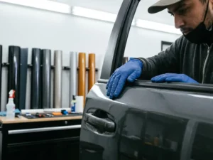 Autofolietechnicus inspecteert carrosseriepaneel met handschoenen in klimaatgecontroleerde werkplaats met vinylrollen op de achtergrond.