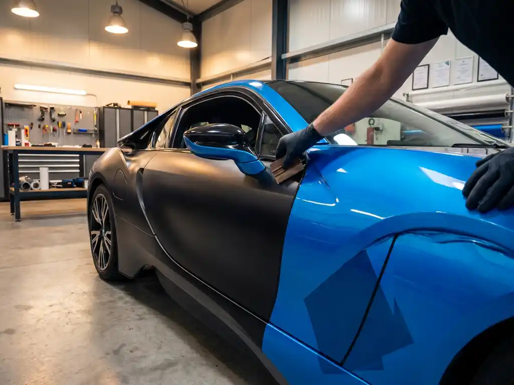 Sportwagen halfweg carwrap, matte zwarte vinyl naast elektrisch blauwe geometrische folie, installateur strijkt naad glad in professionele werkplaats.