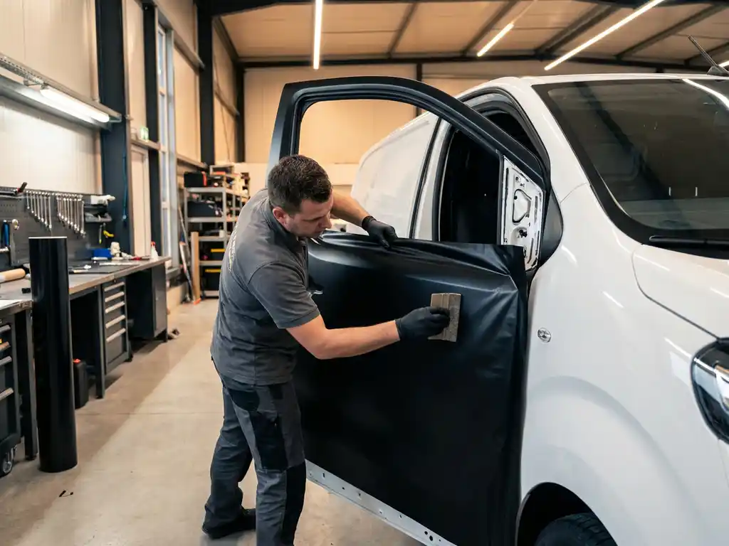 Technicus brengt mat zwart vinyl folie aan op witte bestelbus in professionele carwrap werkplaats.