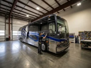 Specialist brengt op maat gemaakte vinylwrap aan op glanzende bus in professionele klimaatgecontroleerde werkplaats.