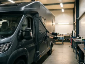 Technicus brengt matte antraciet vinyl folie aan op de gebogen carrosserie van een grote camper in een professionele werkplaats.