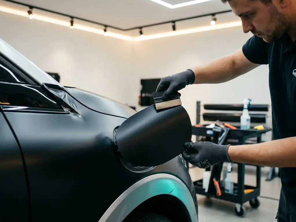 Technicus brengt mat zwart vinyl folie aan op het laadpoortgebied van een elektrisch voertuig in een moderne werkplaats.