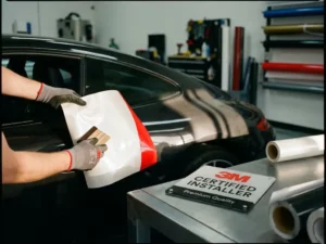 Technicus brengt 3M vinylfolie aan op zwart autocarrosseriepaneel, met 3M-certificatieplaat op werkplaatsvloer nearby.