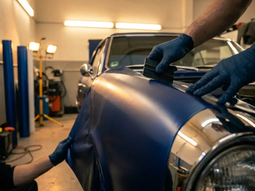 Technicus brengt midnight-blue matte vinyl wrap aan op chromen spatbord van klassieke jaren 60 auto in verlichte werkplaats.