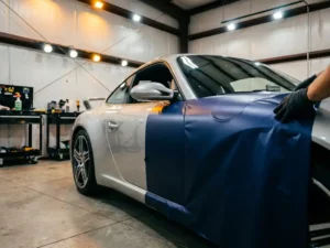 Sportwagen half gewikkeld in mat nachtblauw vinyl naast originele zilveren lak, aangebracht door handschoenen in verlichte werkplaats.
