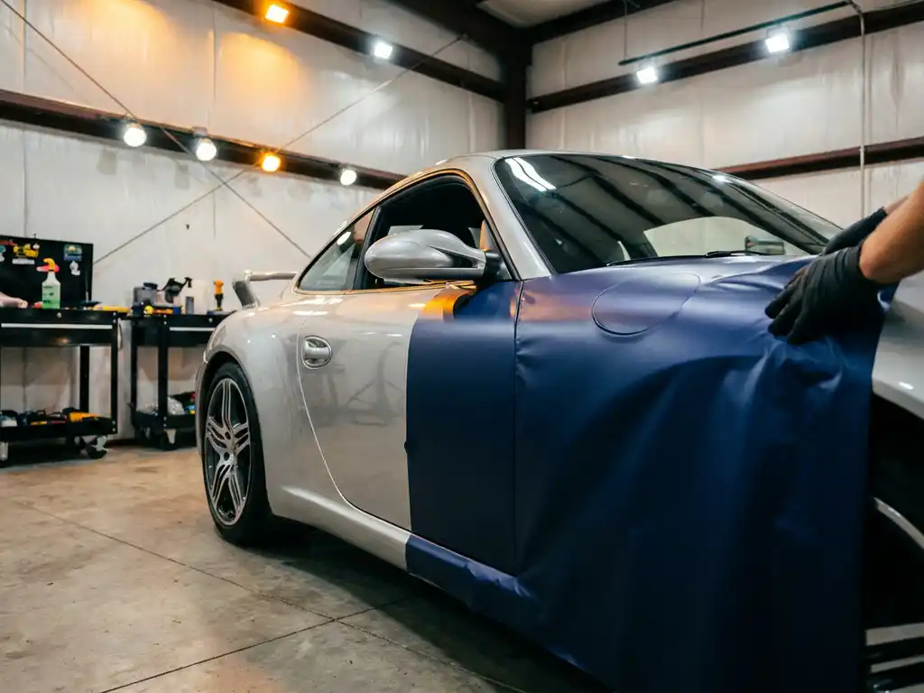 Sportwagen half gewikkeld in mat nachtblauw vinyl naast originele zilveren lak, aangebracht door handschoenen in verlichte werkplaats.