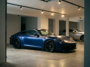 Sportwagen met matte midnight-blue vinylwrap in moderne garage met gepolijste betonvloer en warme spotverlichting.