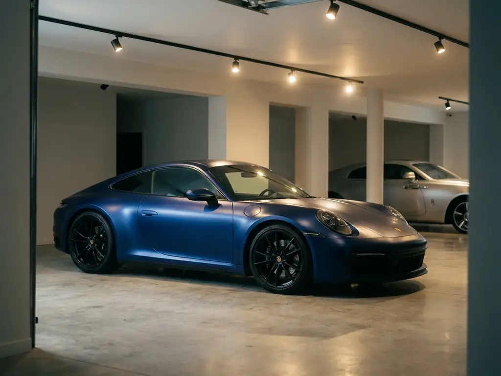 Sportwagen met matte midnight-blue vinylwrap in moderne garage met gepolijste betonvloer en warme spotverlichting.
