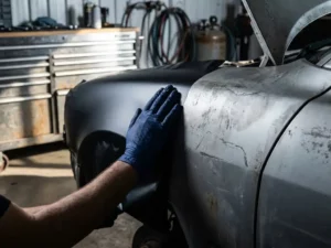 Handschoen die matte zwarte vinylwrap aanbrengt op beschadigd, geoxideerd autocarosseriepaneel in professionele wrap-werkplaats.