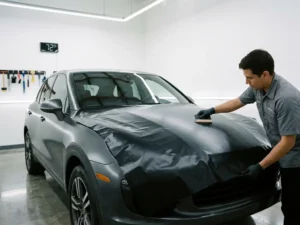 Technicus brengt mat zwart vinyl folie aan op de motorkap van een luxe SUV in een professionele, klimaatgecontroleerde werkplaats.