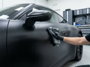 Matte zwarte vinylwrap op sportwagen handmatig gewassen met microvezeldoek, waterparels op glanzend oppervlak in professionele werkplaats.