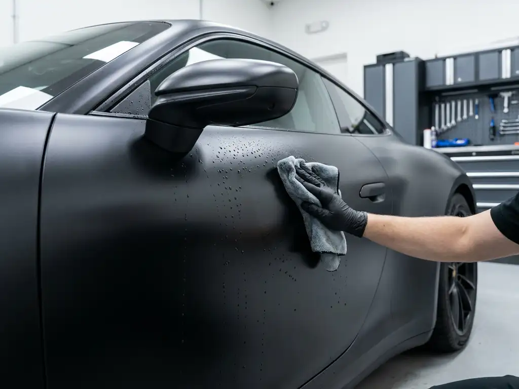 Matte zwarte vinylwrap op sportwagen handmatig gewassen met microvezeldoek, waterparels op glanzend oppervlak in professionele werkplaats.