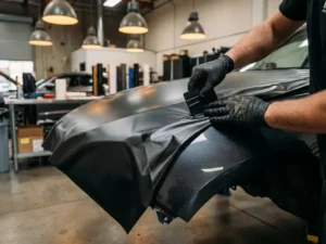 Handschoenen specialist brengt matte zwarte vinylwrap aan op gebogen carrosseriepaneel, glanzende originele lak zichtbaar eronder.