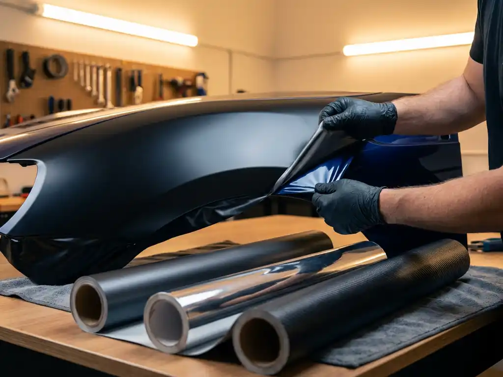 Handschoenen die matte zwarte vinylwrap voorzichtig van een glanzend autopaneel pellen, met gevouwen vinyl samples in satin, chroom en carbon op werkbankoppervlak.
