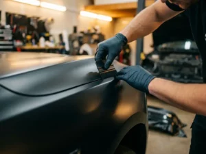 Technicus in handschoenen brengt matte zwarte vinyl wrap aan op gebogen carrosseriepaneel in professionele garage.