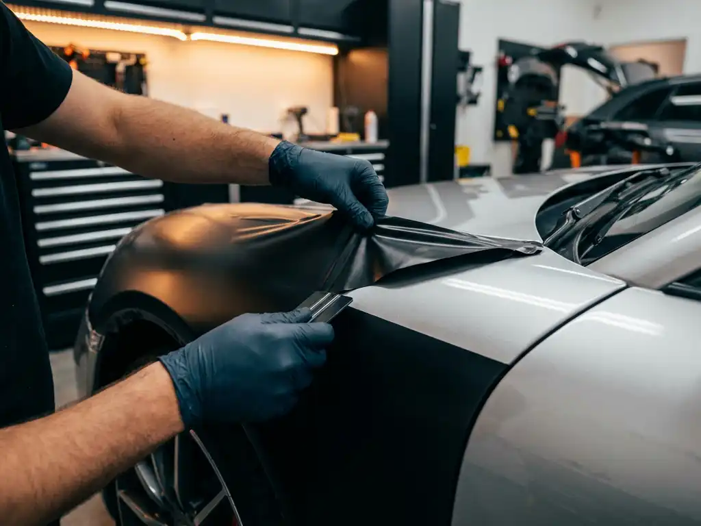 Handschoenen van technicus die matte zwarte vinylwrap aanbrengt op zilveren autocarrosserie in professionele werkplaats.