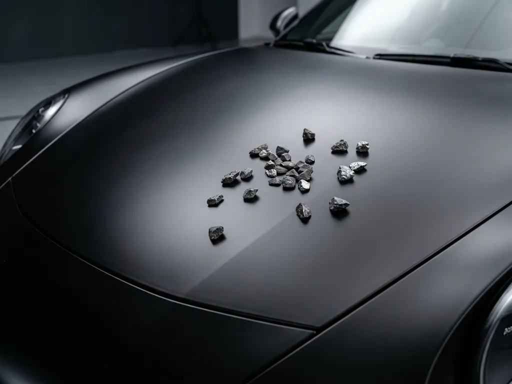 Autorijkap met matte zwarte vinylwrap en grind op het oppervlak, beschermende folie zonder krassen of beschadigingen.