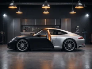 Sports car half bedekt met matte zwarte vinylwrap, originele zilveren lak zichtbaar, professionele werkplaats met spotverlichting.