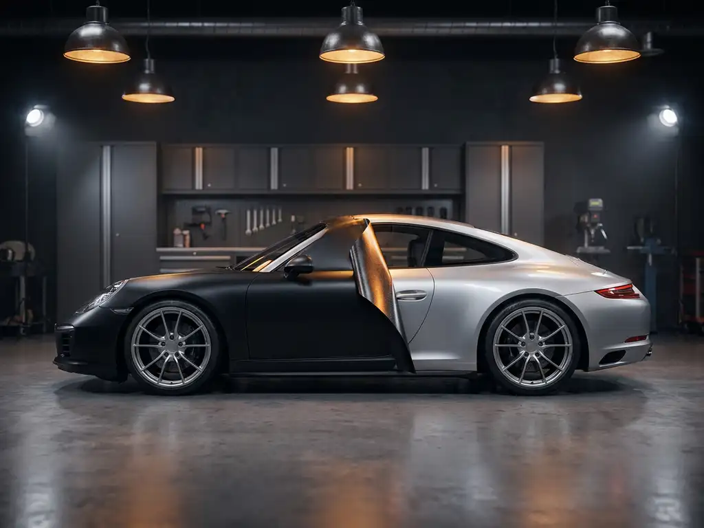 Sports car half bedekt met matte zwarte vinylwrap, originele zilveren lak zichtbaar, professionele werkplaats met spotverlichting.