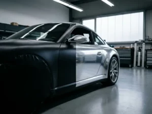 Sportwagen met matte zwarte vinylwrap aan één zijde en glanzende metallic zilveren lak aan de andere, professionele autostudio.