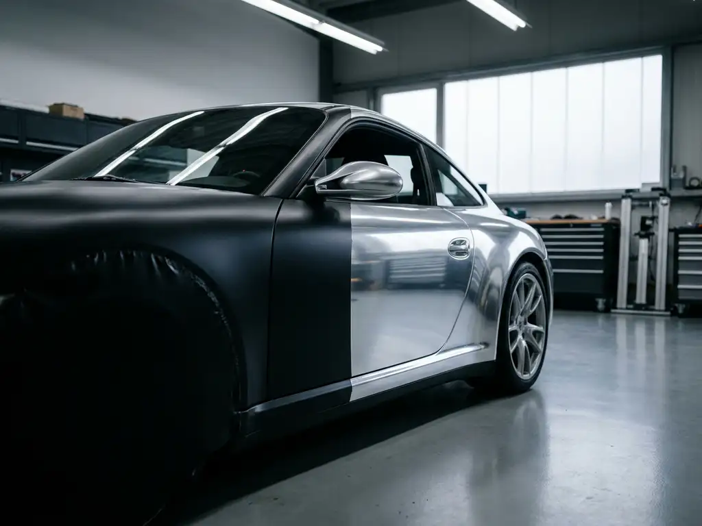 Sportwagen met matte zwarte vinylwrap aan één zijde en glanzende metallic zilveren lak aan de andere, professionele autostudio.