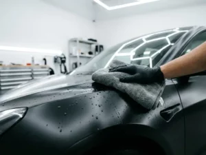 Gehandschoende hand reinigt matte zwarte carwrap met microvezeldoek, waterdruppels parels op het vinyl in een professionele detailinghal.