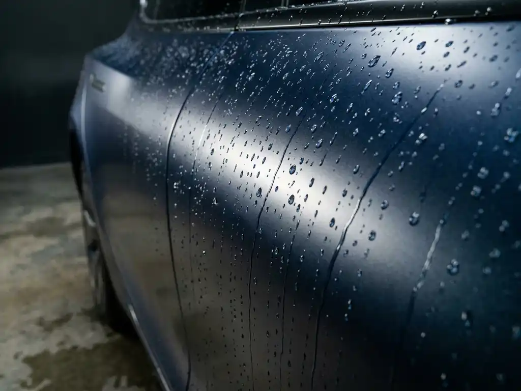 Waterdruppels parelend op een glanzend metallic blauwe vinylwrap van een autoportierdeel, close-up met dieptescherpte.