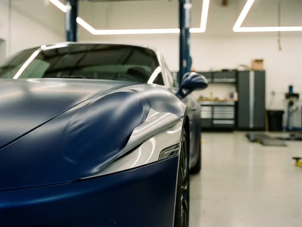Autocarrosserie met midnight-blauwe vinylwrap die terugplooit en het originele metallic zilver lak onthult, professionele werkplaats.