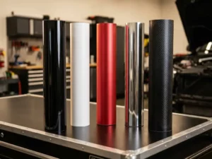 Vijf premium vinylwrap rollen in glanzend zwart, mat wit, satijn rood, chroom zilver en carbon fiber in een professionele wrapstudio.