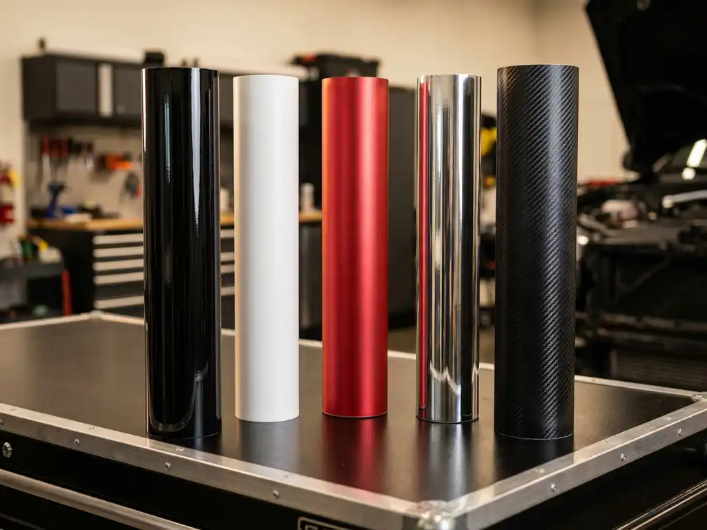 Vijf premium vinylwrap rollen in glanzend zwart, mat wit, satijn rood, chroom zilver en carbon fiber in een professionele wrapstudio.