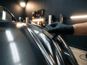 Handschoen drukt metallic gunmetal vinyl wrap strak tegen gebogen carrosseriepaneel in professionele wrap-werkplaats.