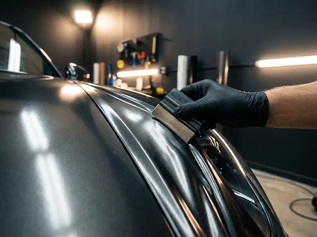 Handschoen drukt metallic gunmetal vinyl wrap strak tegen gebogen carrosseriepaneel in professionele wrap-werkplaats.