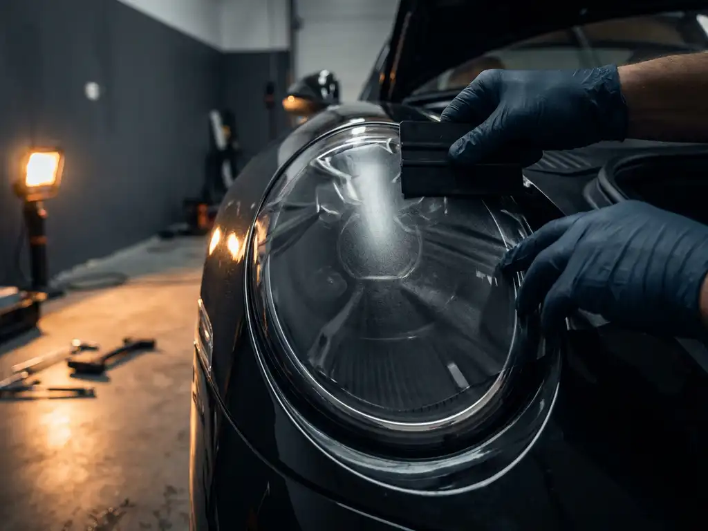 Technicus brengt rookglas vinyl folie aan op sportwagenkoplamp, handen gladstrijkend over gebogen lens in professionele werkplaats.