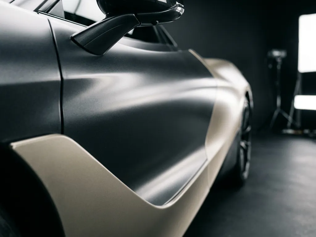 Sportwagen met satijnen vinylwrap in metallic grijs, zachte studioverlichting benadrukt de fluwelen textuur op het portier.