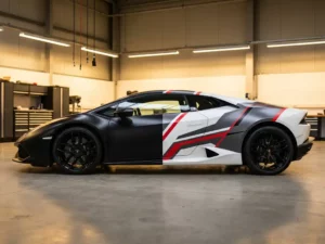 Sportwagen met links matte zwarte vinylwrap en rechts levendige grafische print, gefotografeerd op ooghoogte in professionele werkplaats.