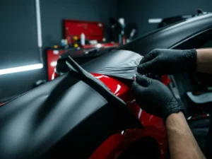 Technicus in handschoenen verwijdert matte zwarte autofolie van glanzend rood carrosseriepaneel in professionele werkplaats.
