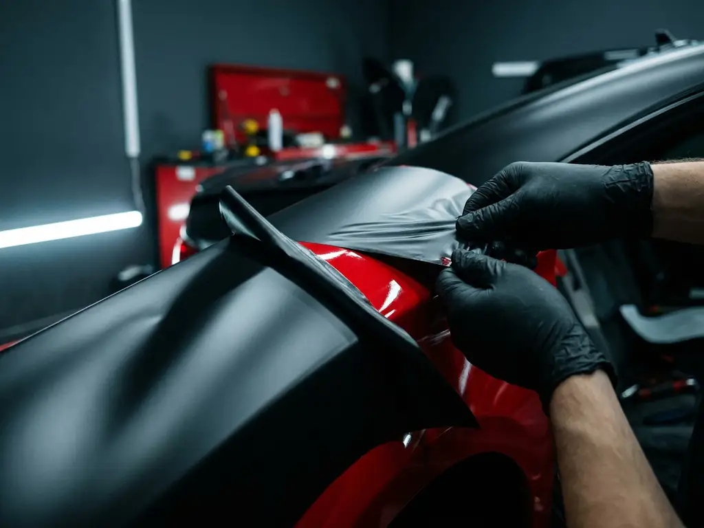 Technicus in handschoenen verwijdert matte zwarte autofolie van glanzend rood carrosseriepaneel in professionele werkplaats.