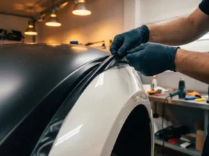 Technicus in handschoenen pelt matte zwarte autofolie terug van een glanzend carrosseriepaneel, waarbij de originele lak zichtbaar wordt.
