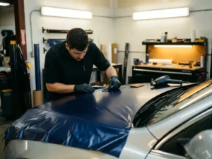 Technicus in handschoenen brengt donkerblauwe vinyl wrap aan op een motorkap in een professionele werkplaats.