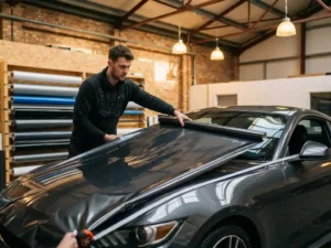 Installateur rolt glossy charcoal vinylwrap uit over de motorkap van een auto in een professionele werkplaats.